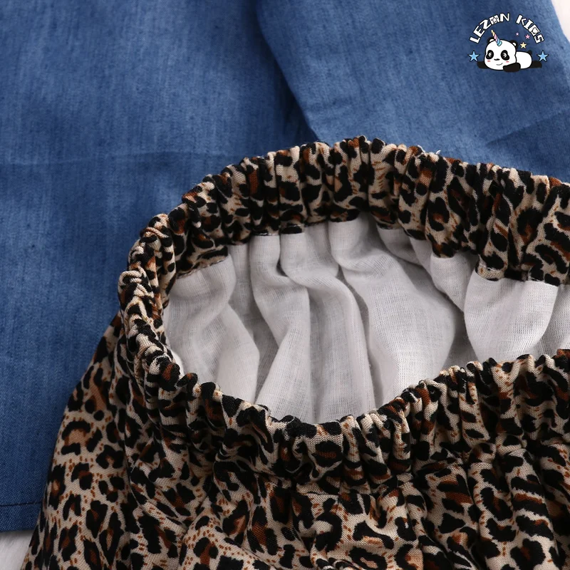 LEZONKIDS - Conjuntos de roupas para meninas personalizáveis de verão, tops de jeans e saia culote de leopardo